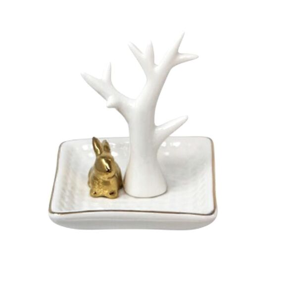 Sagebrook Home White Ceramic Jewelry Tray Decorative Plate Tree Bunny Gift - Picture 1 of 9